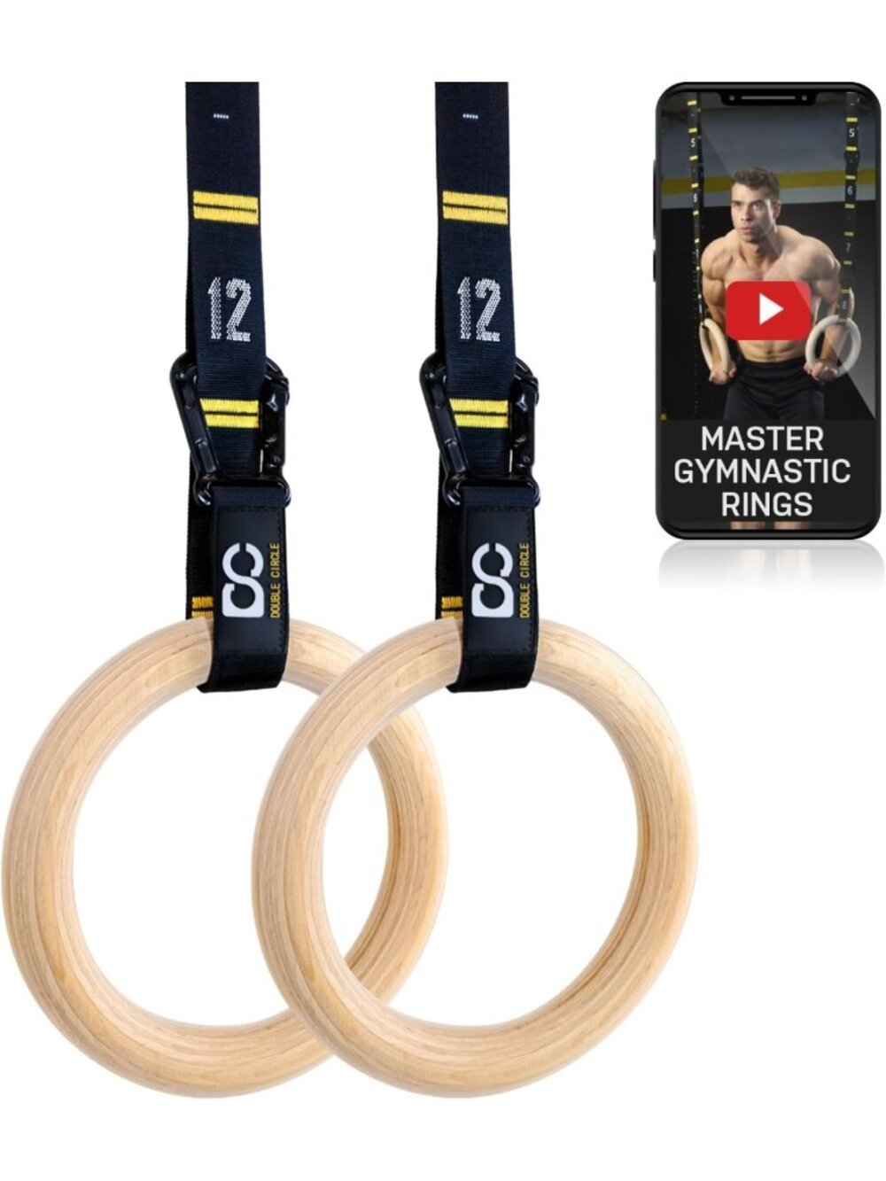 Adjustable Wooden Gymnastics Rings with Straps for Calisthenics - Multi-Size